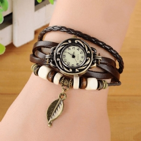 Mode Etnische Stijl Bladpatroon Pu Lederen Band Vrouwen Armband Horloge Quartz Horloge: