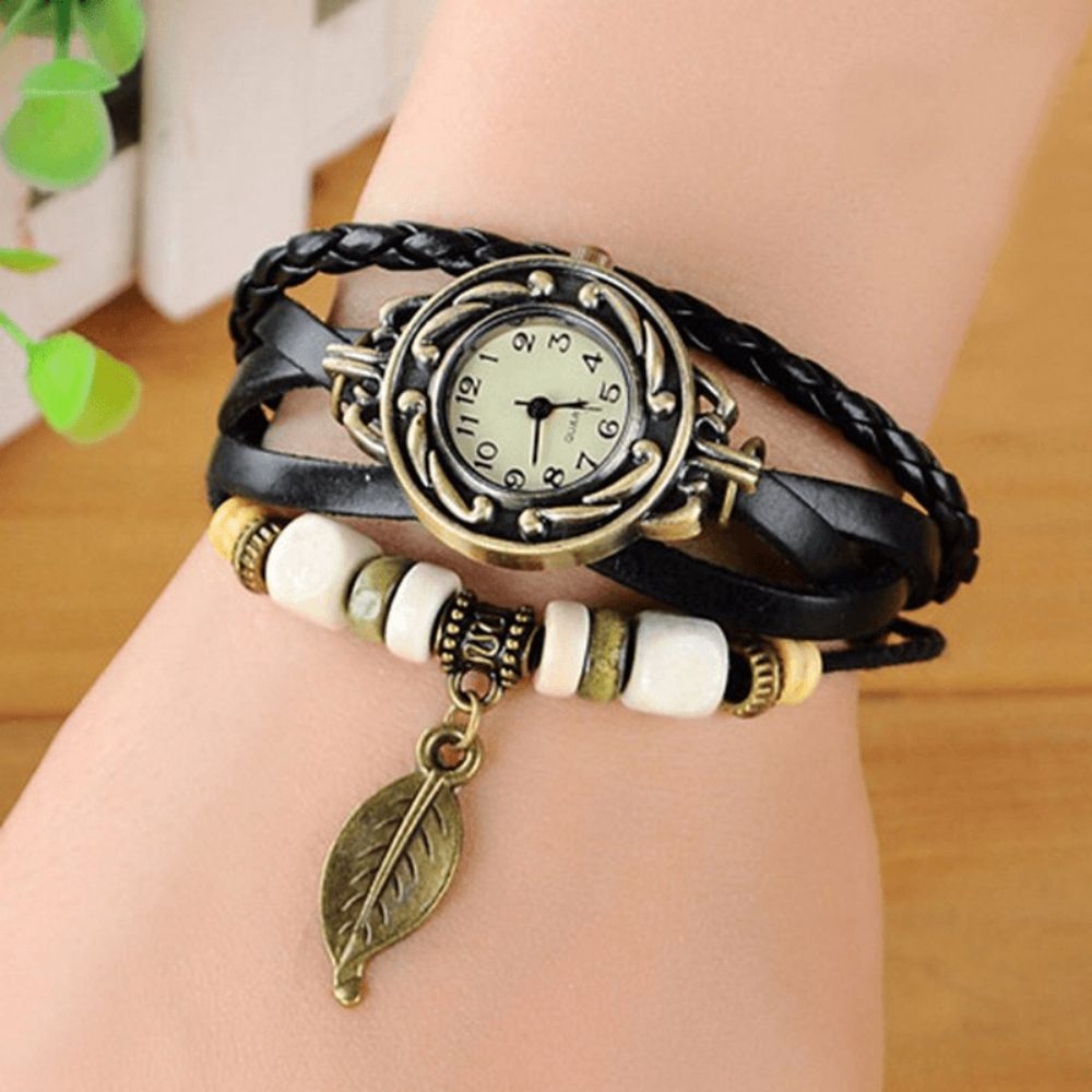 Mode Etnische Stijl Bladpatroon Pu Lederen Band Vrouwen Armband Horloge Quartz Horloge: