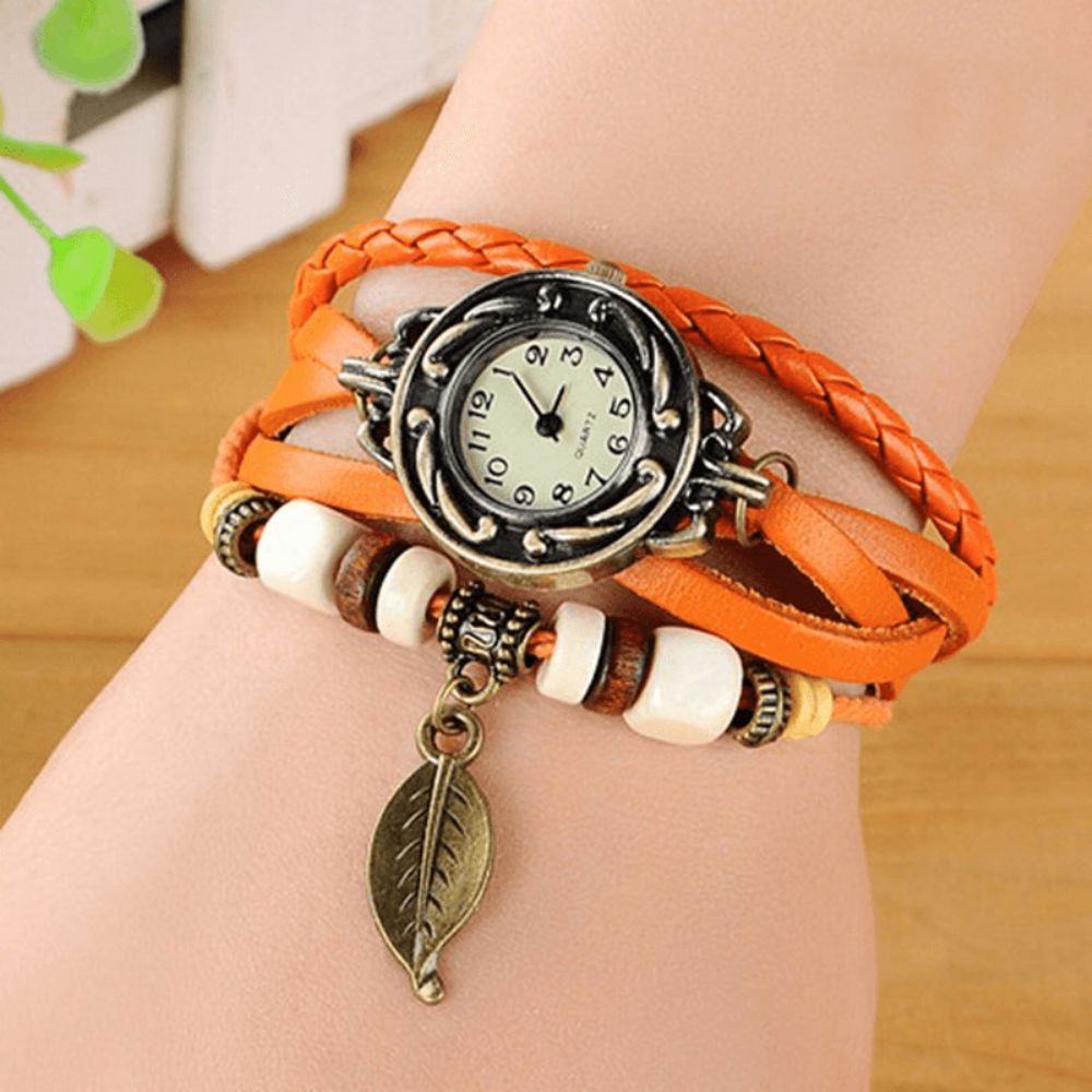 Mode Etnische Stijl Bladpatroon Pu Lederen Band Vrouwen Armband Horloge Quartz Horloge: