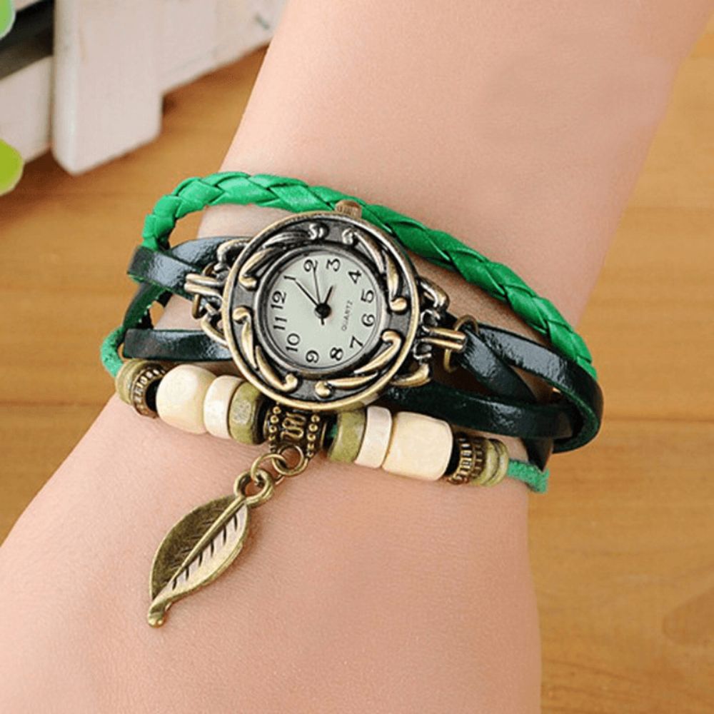 Mode Etnische Stijl Bladpatroon Pu Lederen Band Vrouwen Armband Horloge Quartz Horloge: