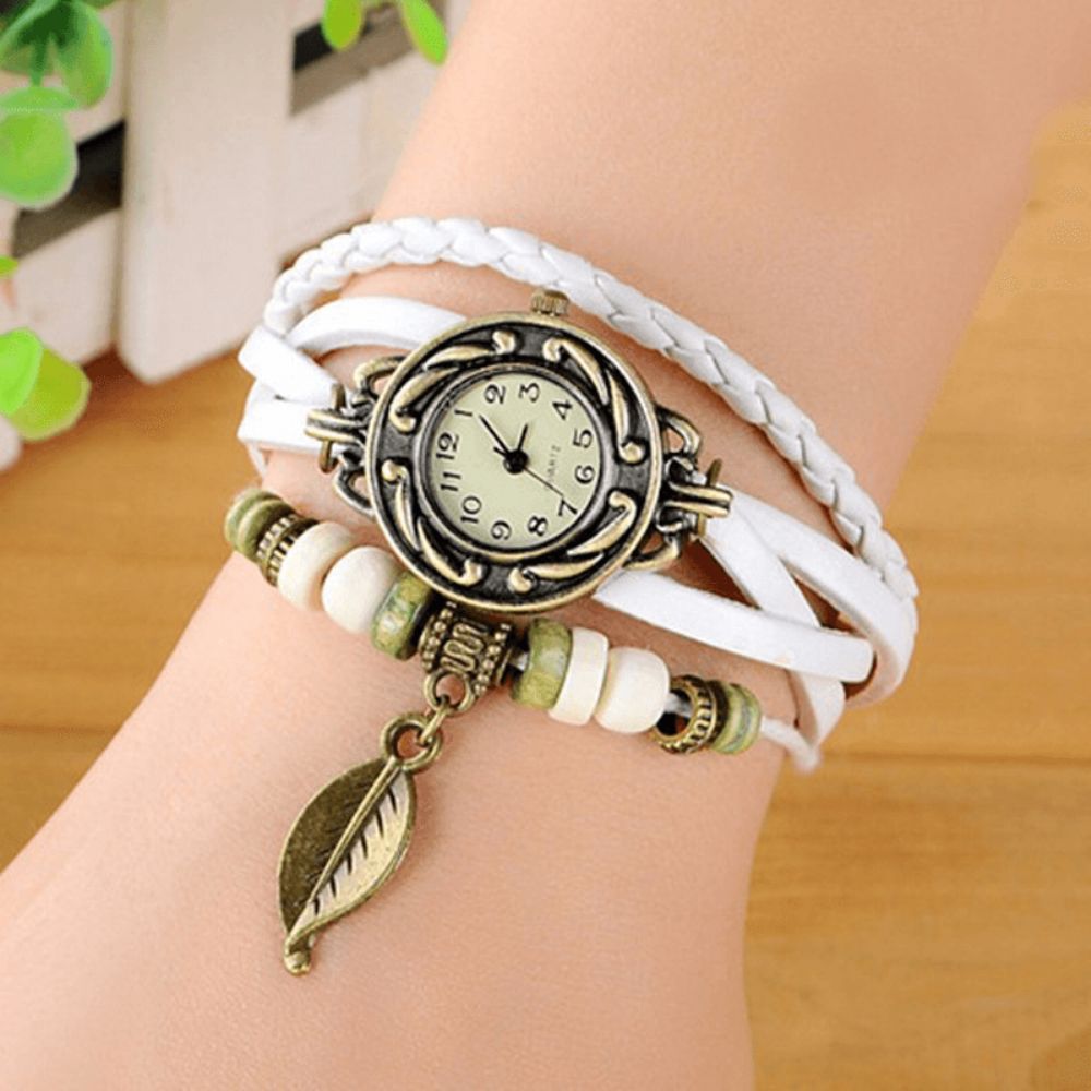 Mode Etnische Stijl Bladpatroon Pu Lederen Band Vrouwen Armband Horloge Quartz Horloge: