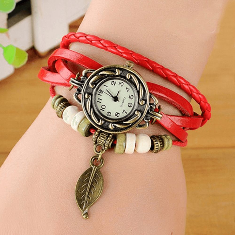 Mode Etnische Stijl Bladpatroon Pu Lederen Band Vrouwen Armband Horloge Quartz Horloge: