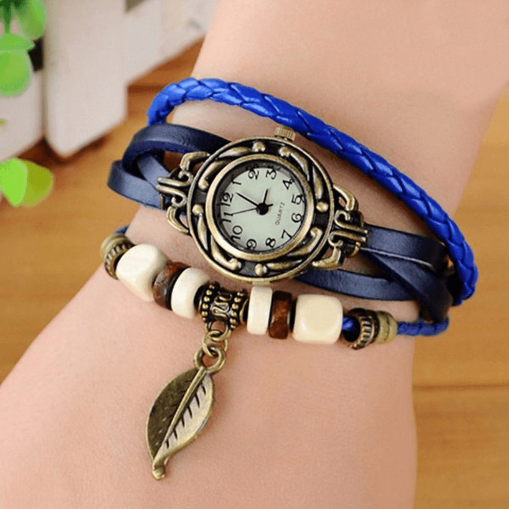 Mode Etnische Stijl Bladpatroon Pu Lederen Band Vrouwen Armband Horloge Quartz Horloge: