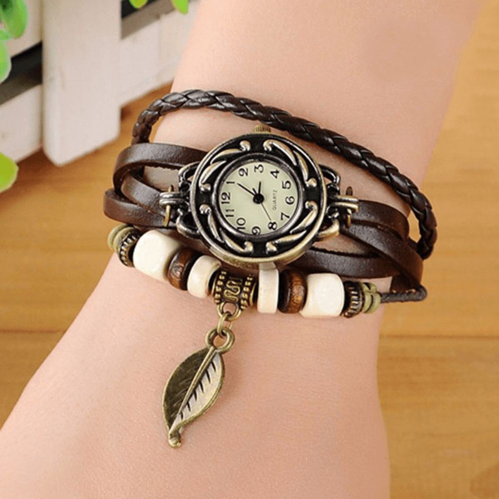 Mode Etnische Stijl Bladpatroon Pu Lederen Band Vrouwen Armband Horloge Quartz Horloge: