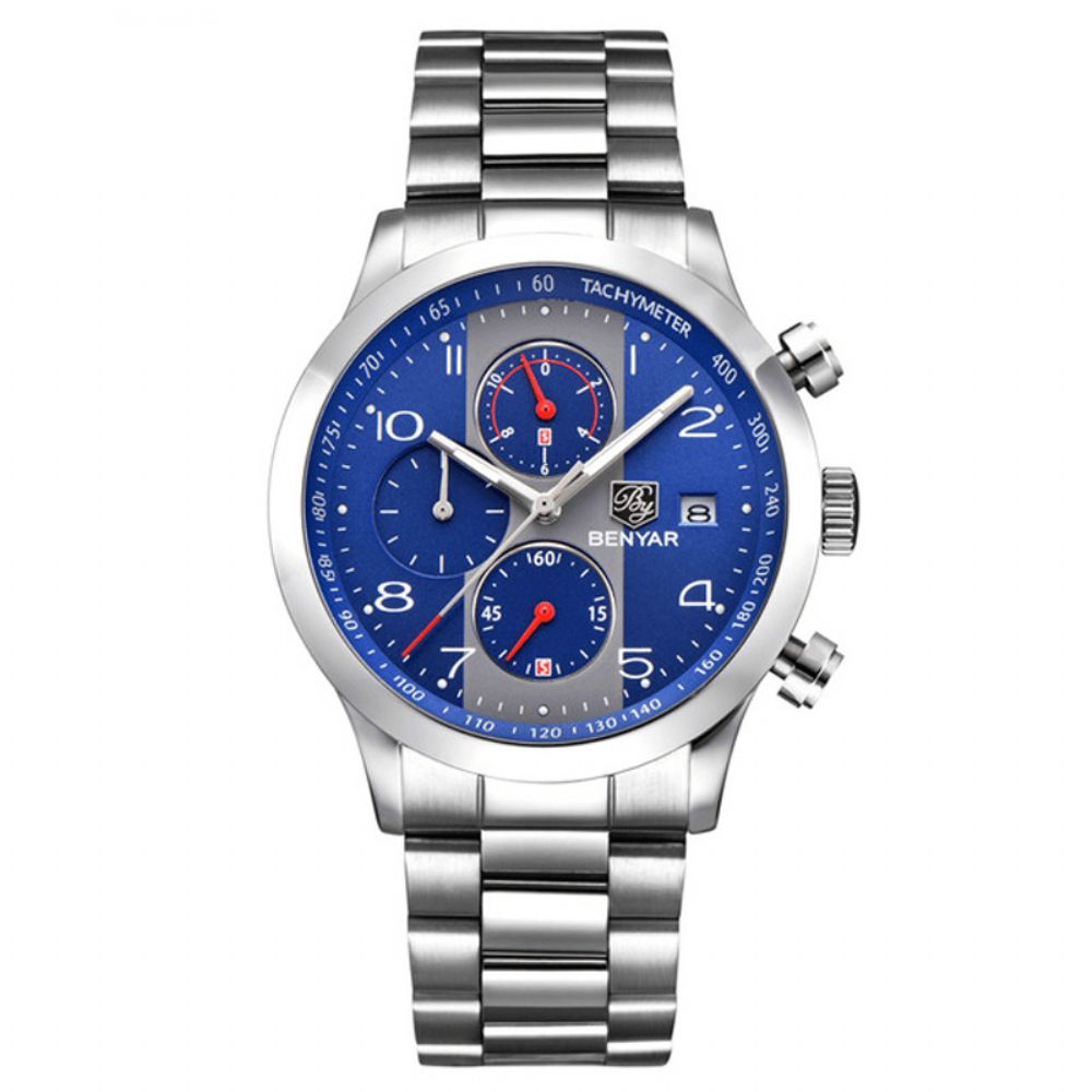 Mode Heren Horloge Chronograaf Waterdicht Lichtgevend Display Volledig Stalen Quartz Horloge