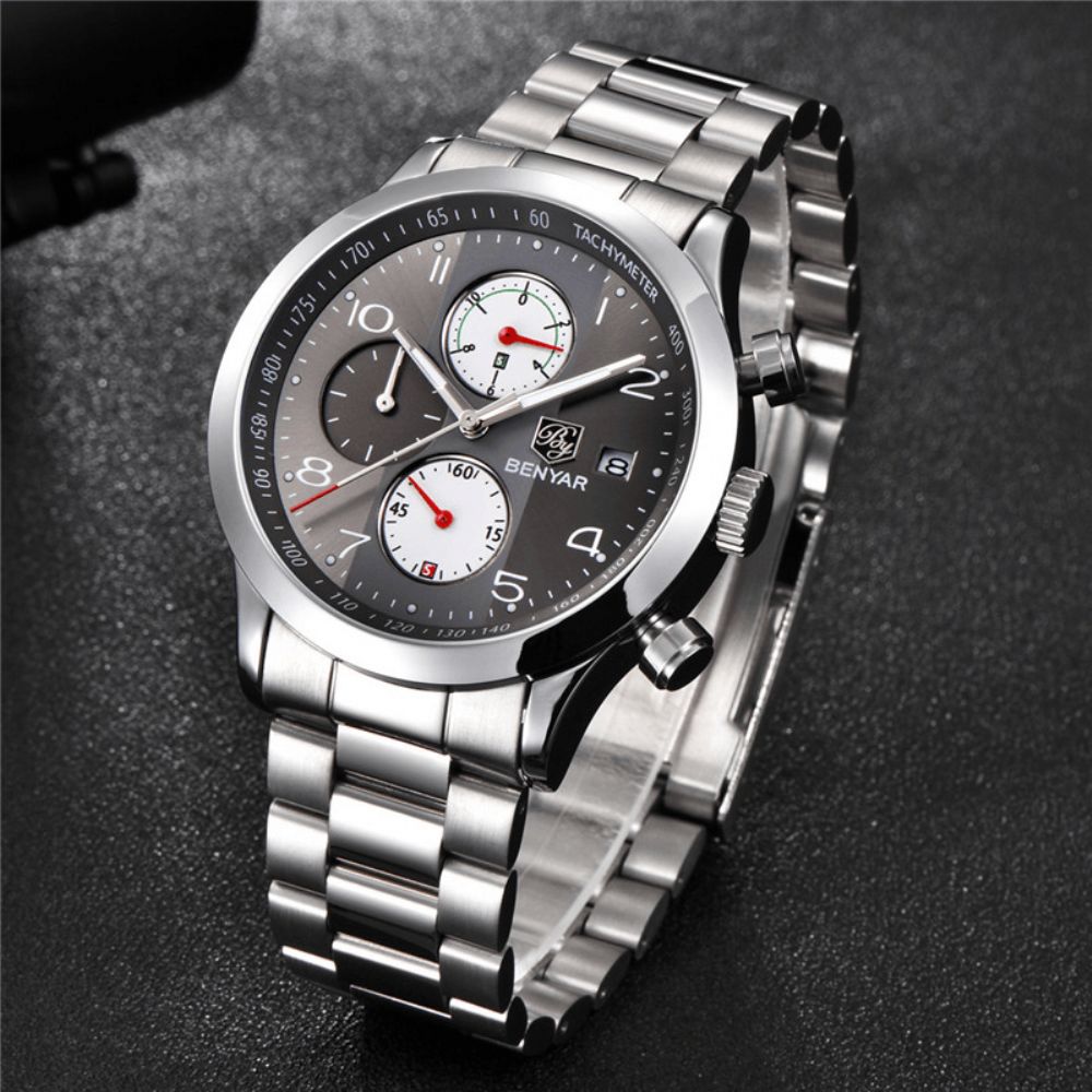 Mode Heren Horloge Chronograaf Waterdicht Lichtgevend Display Volledig Stalen Quartz Horloge