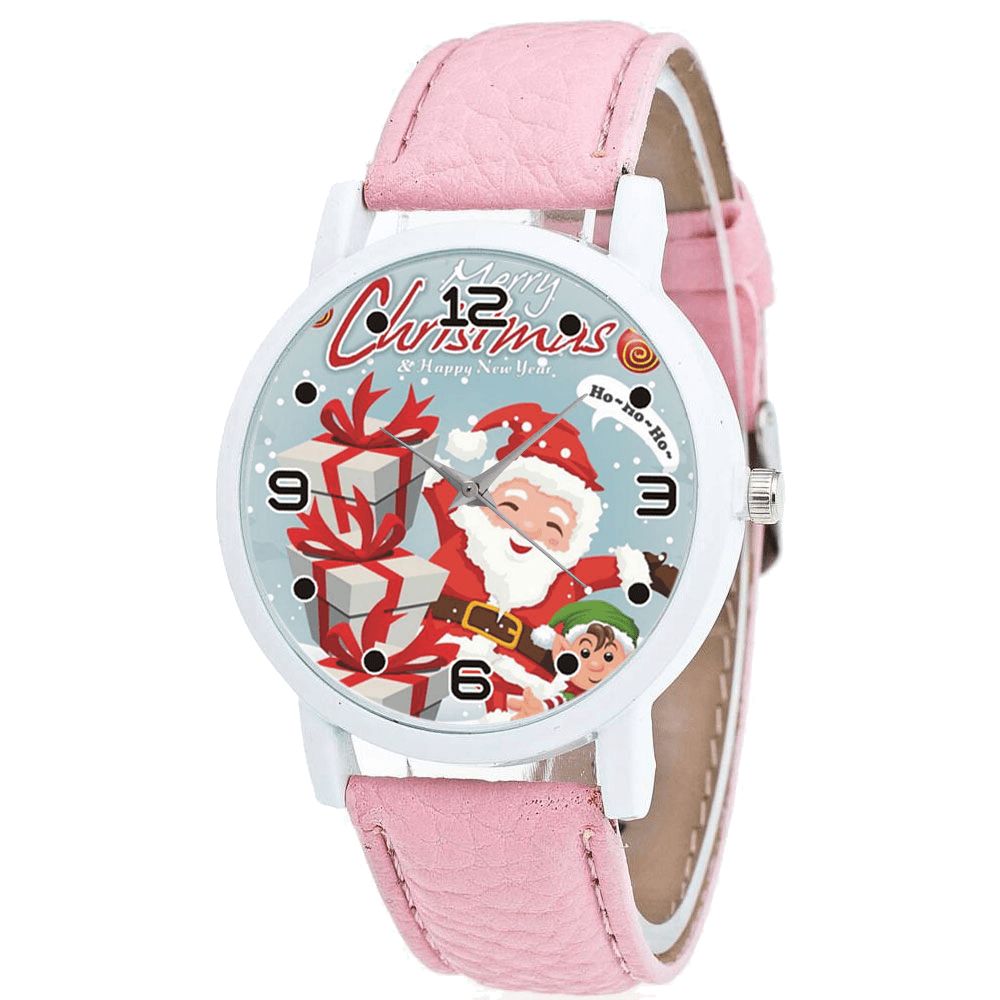 Mode Kerst Kerstman Met Geschenkpatroon Leuke Horloge Lederen Band Mannen Vrouwen Quartxz Horloge