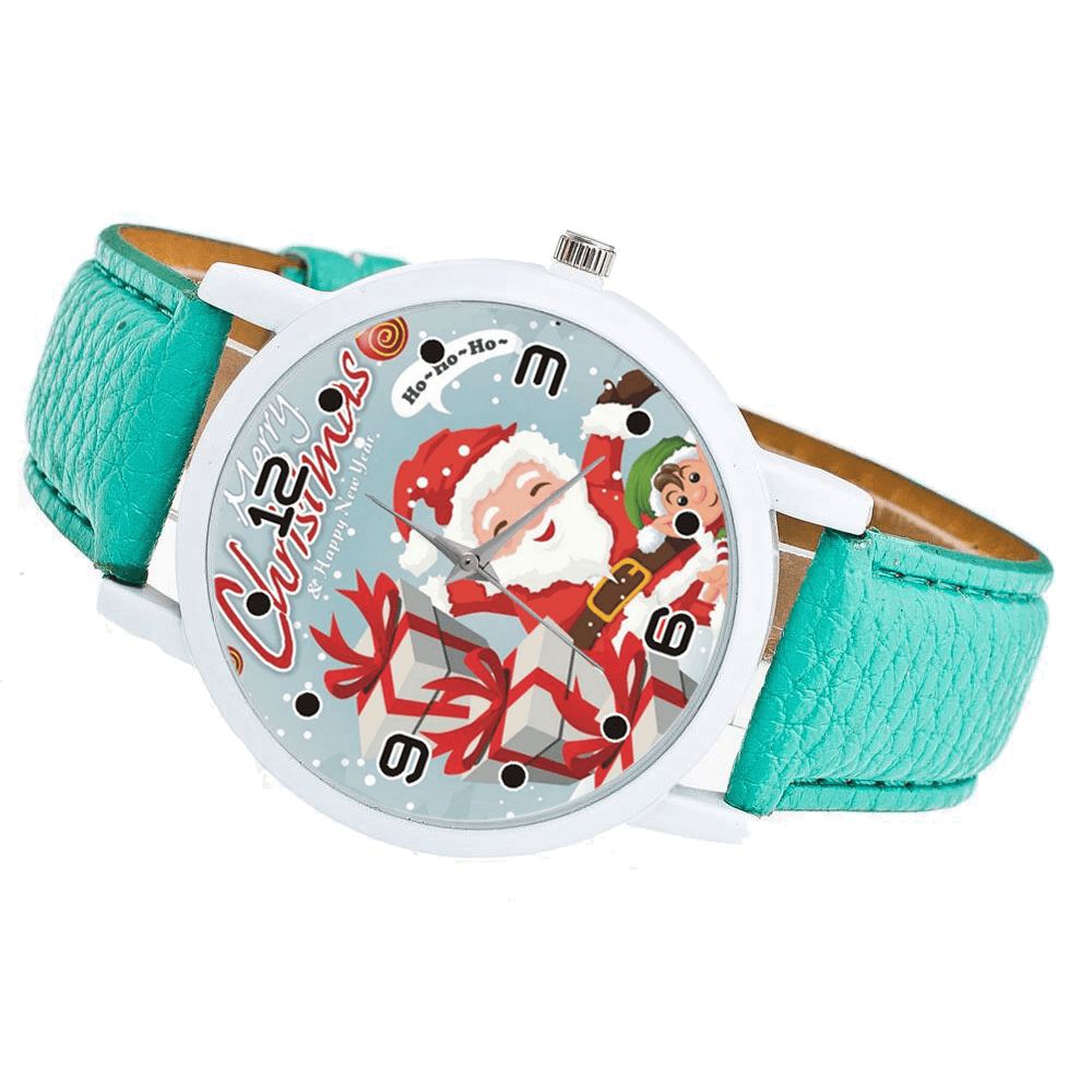 Mode Kerst Kerstman Met Geschenkpatroon Leuke Horloge Lederen Band Mannen Vrouwen Quartxz Horloge