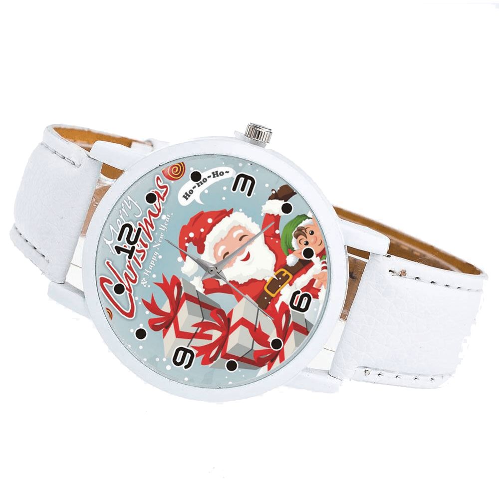 Mode Kerst Kerstman Met Geschenkpatroon Leuke Horloge Lederen Band Mannen Vrouwen Quartxz Horloge