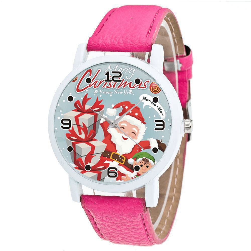 Mode Kerst Kerstman Met Geschenkpatroon Leuke Horloge Lederen Band Mannen Vrouwen Quartxz Horloge