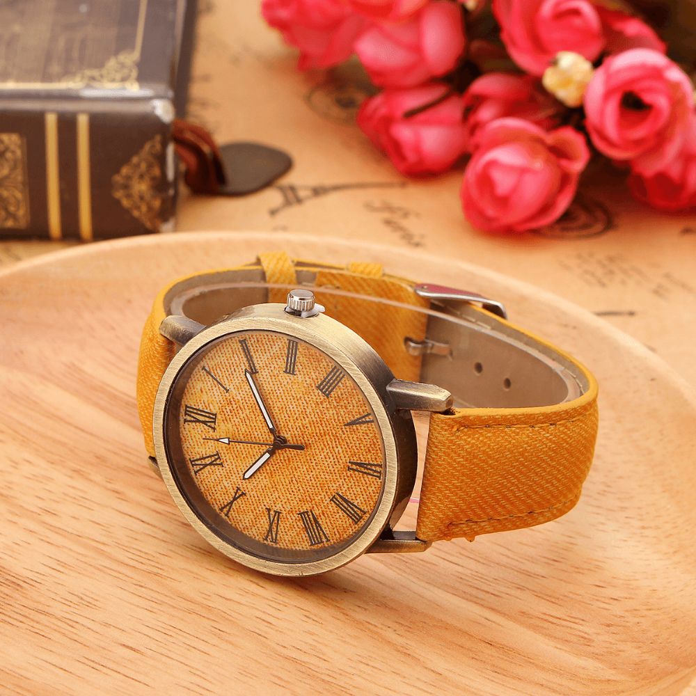 Mode Kleurrijke Band Denim Pu Band Casual Wijzerplaat Mannen Vrouwen Horloge Quartz Horloge