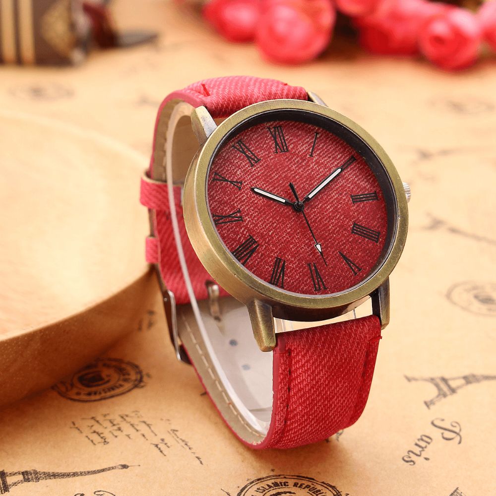 Mode Kleurrijke Band Denim Pu Band Casual Wijzerplaat Mannen Vrouwen Horloge Quartz Horloge