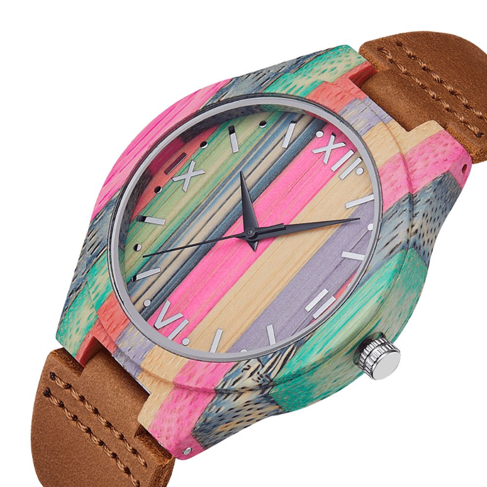 Mode Kleurrijke Case Wijzerplaat Lederen Band Creatieve Stijl Casual Herenhorloge Quartz Horloge