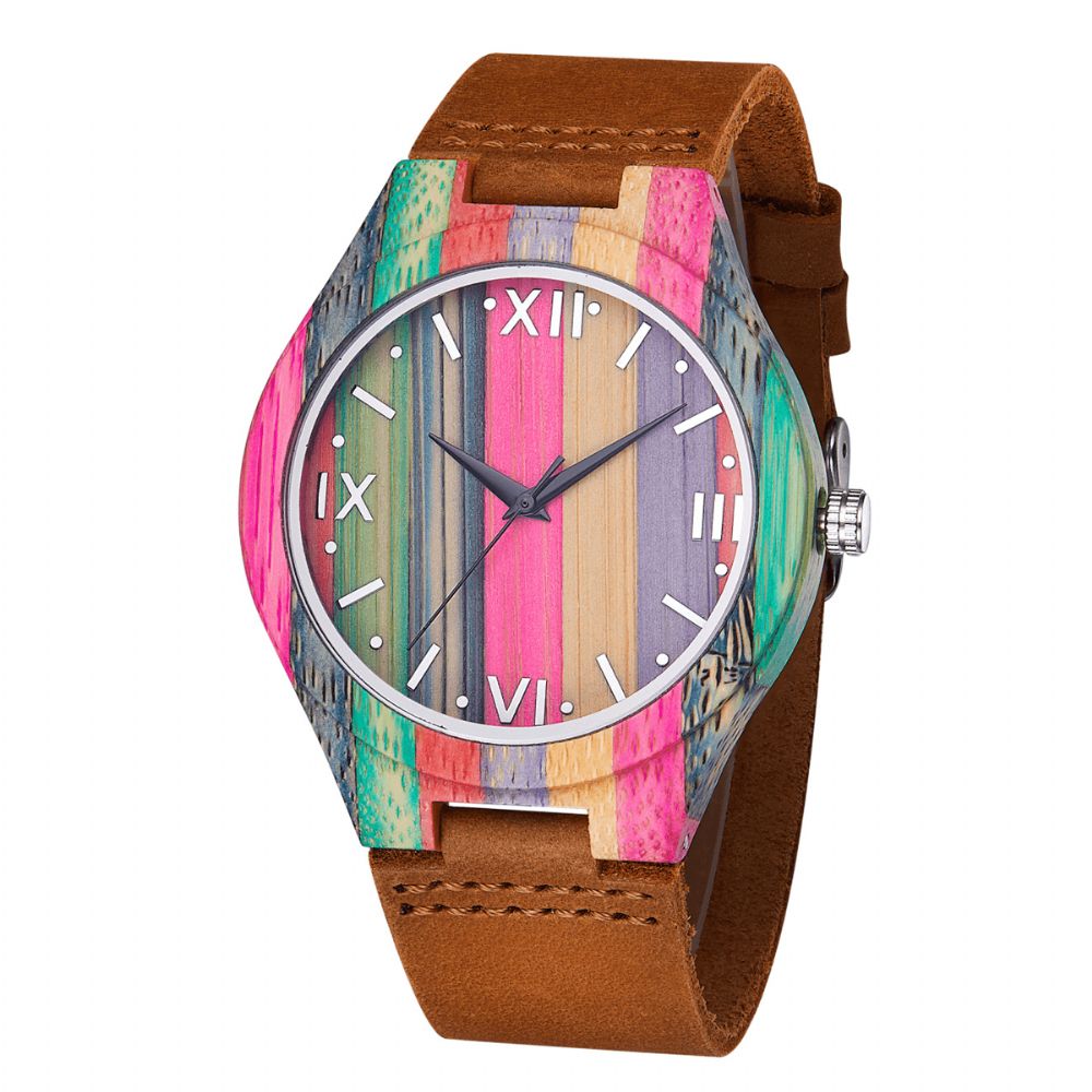 Mode Kleurrijke Case Wijzerplaat Lederen Band Creatieve Stijl Casual Herenhorloge Quartz Horloge