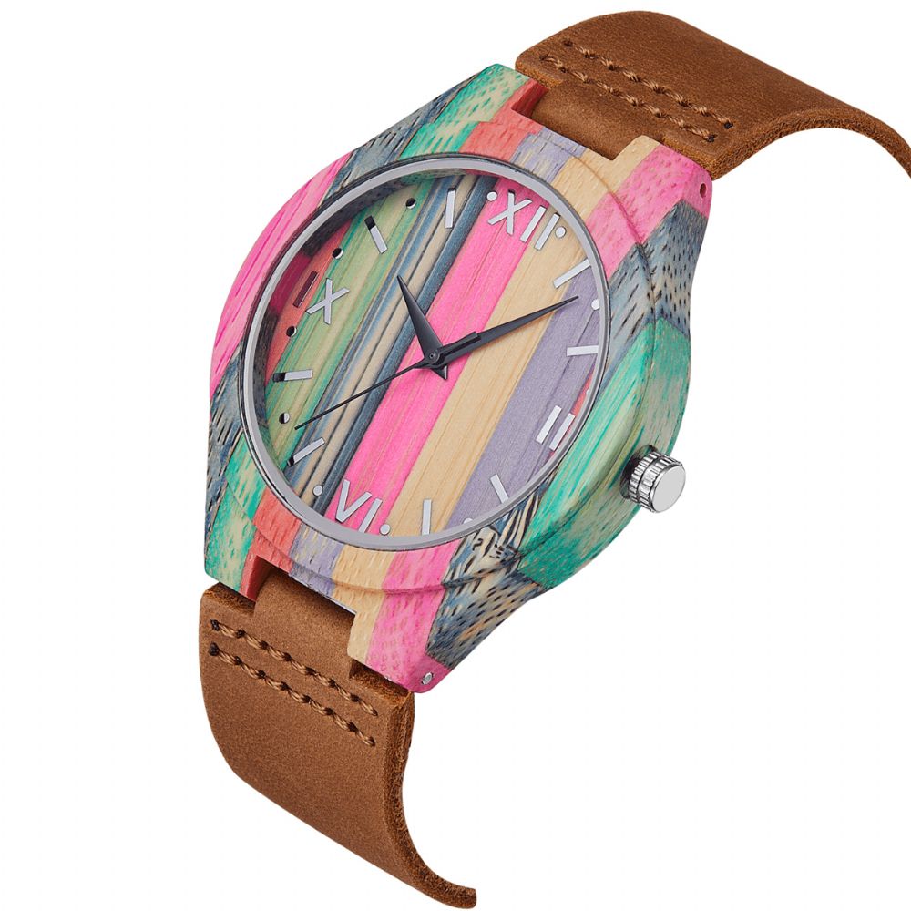 Mode Kleurrijke Case Wijzerplaat Lederen Band Creatieve Stijl Casual Herenhorloge Quartz Horloge