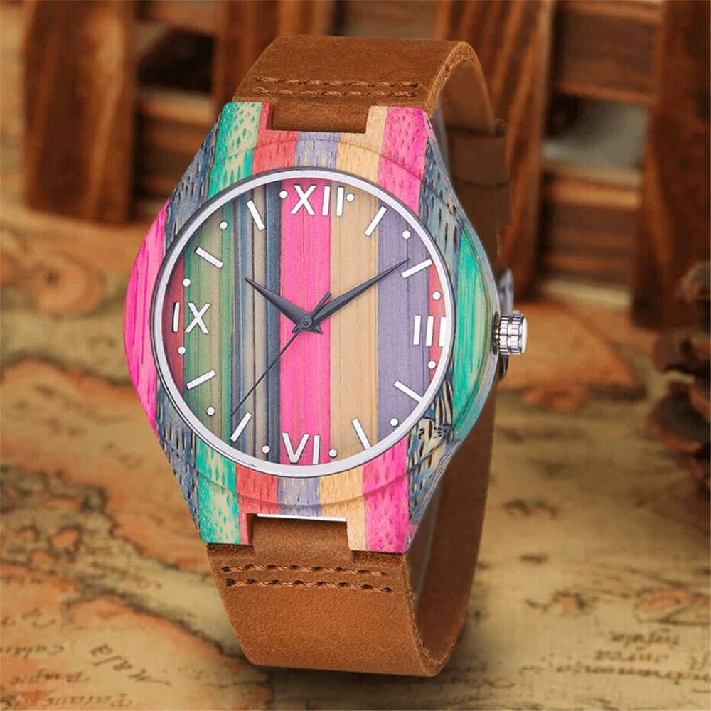 Mode Kleurrijke Case Wijzerplaat Lederen Band Creatieve Stijl Casual Herenhorloge Quartz Horloge