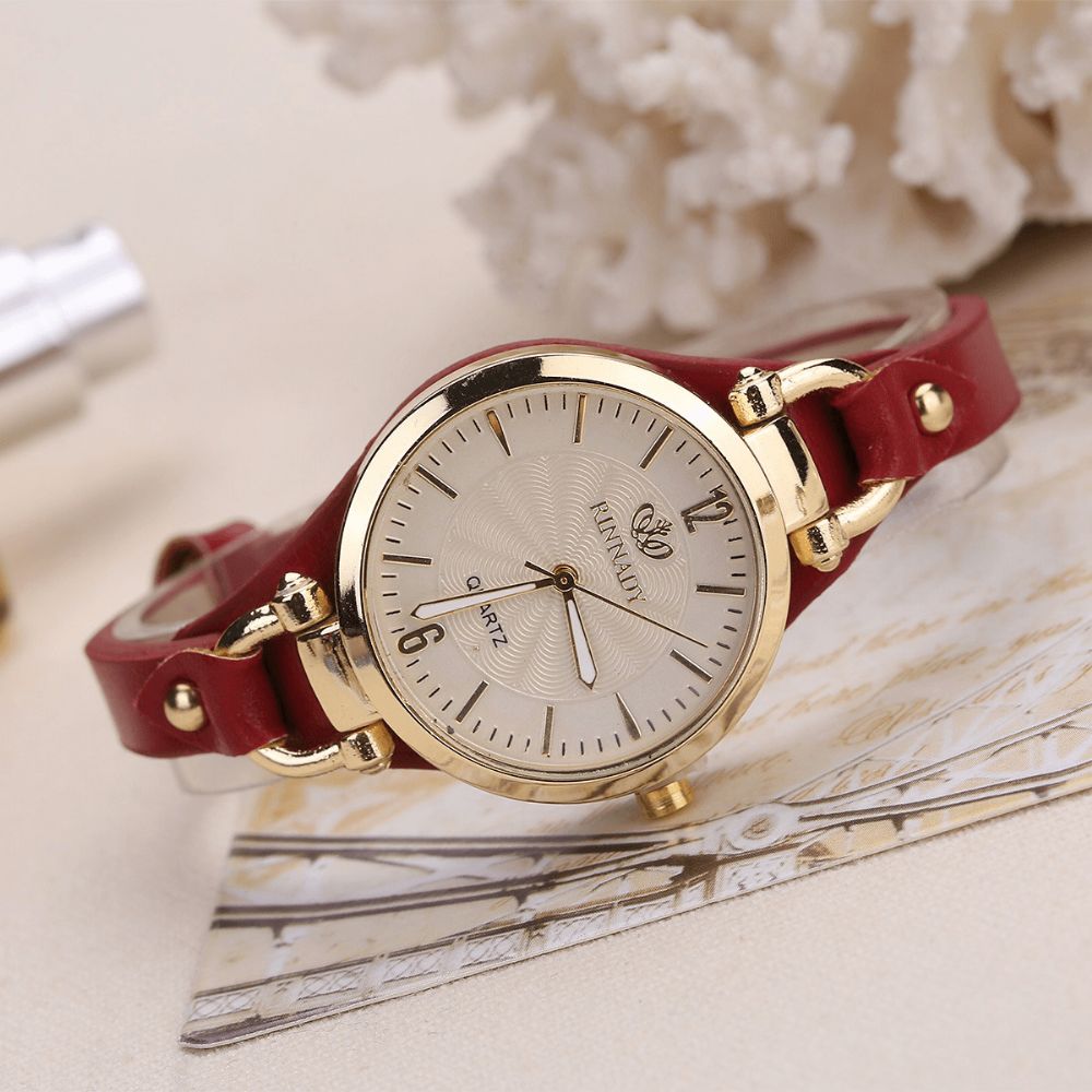 Mode Kleurrijke Lederen Band Dames Eenvoudige Wijzerplaat Rose Gouden Kast Quartz Horloge