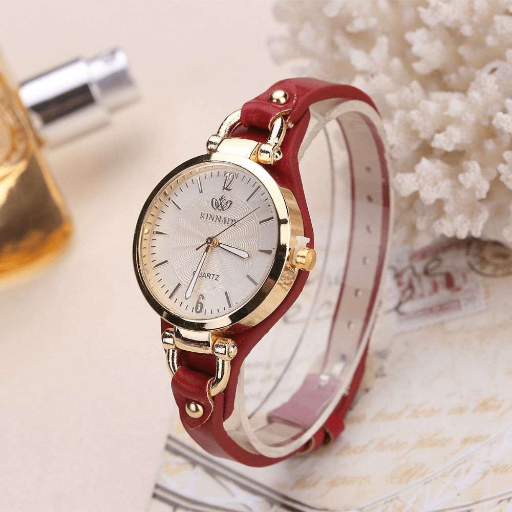 Mode Kleurrijke Lederen Band Dames Eenvoudige Wijzerplaat Rose Gouden Kast Quartz Horloge