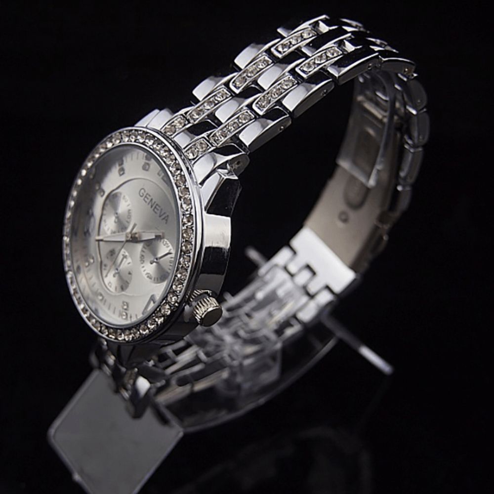 Mode Kristal Luxe Groot Aantal Roestvrij Stalen Band Heren Dames Quartz Horloge