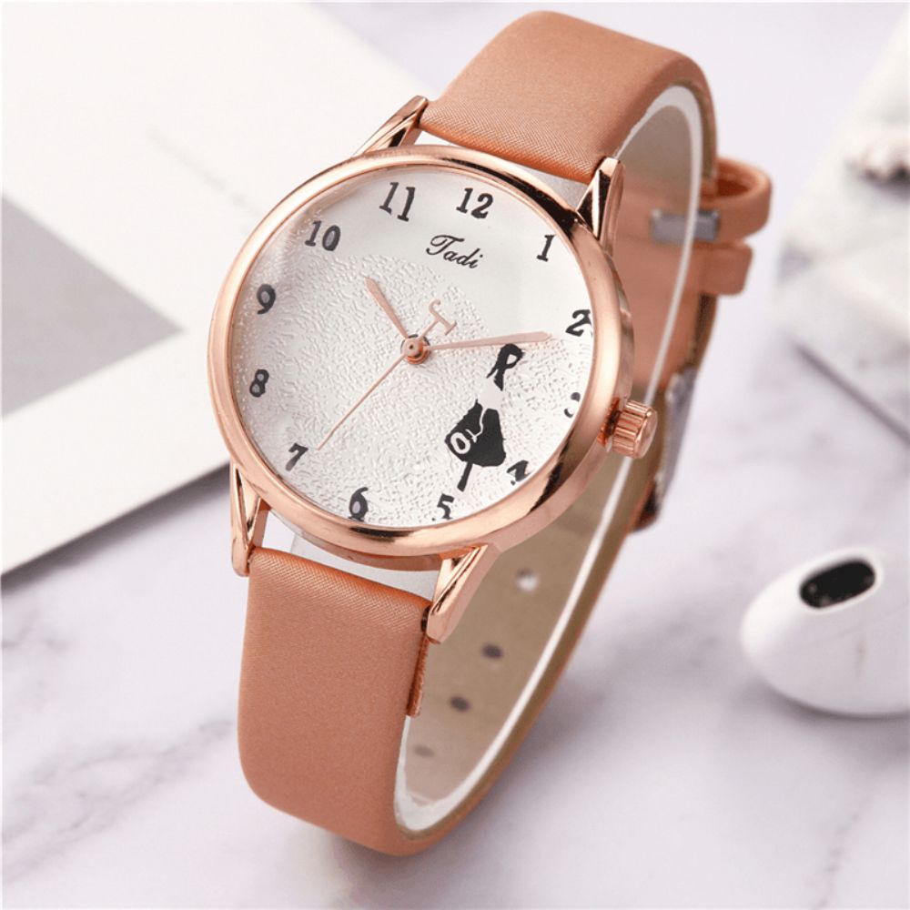 Mode Lederen Band Meisje Patroon Casual Stijl Vrouwen Horloge Quartz Horloge