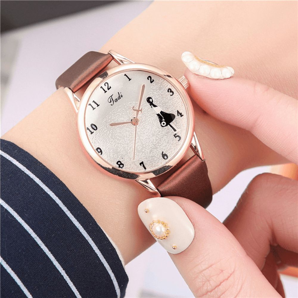 Mode Lederen Band Meisje Patroon Casual Stijl Vrouwen Horloge Quartz Horloge