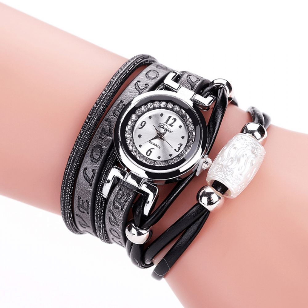 Mode Luxe Strass Pu Lederen Dames Quartz Horloge Armband Horloge