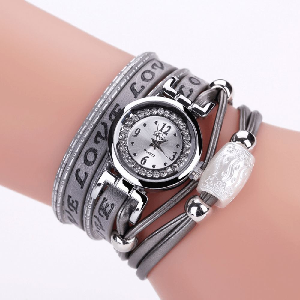 Mode Luxe Strass Pu Lederen Dames Quartz Horloge Armband Horloge