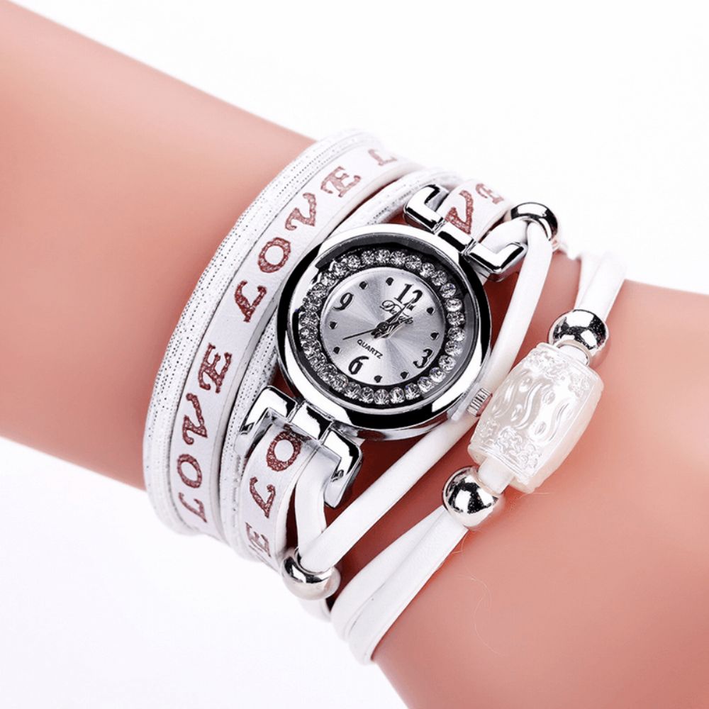 Mode Luxe Strass Pu Lederen Dames Quartz Horloge Armband Horloge