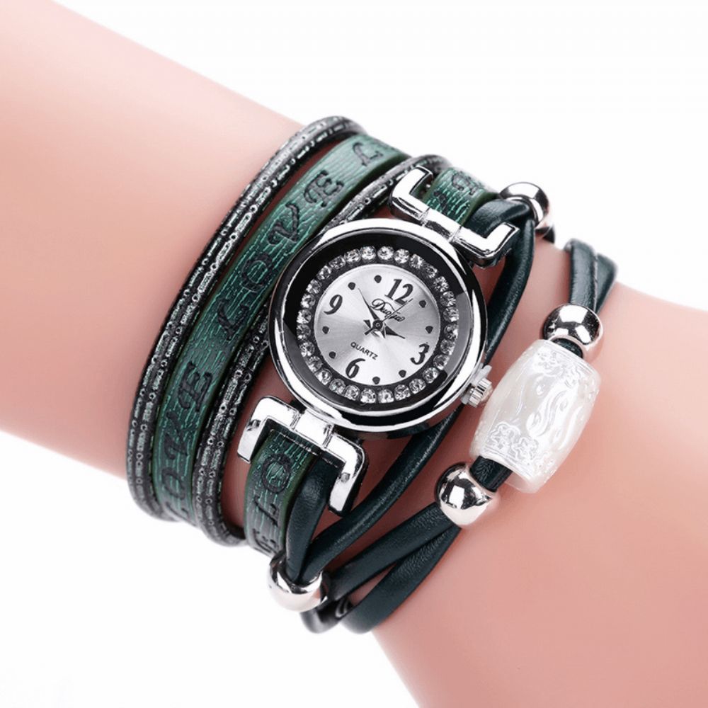 Mode Luxe Strass Pu Lederen Dames Quartz Horloge Armband Horloge