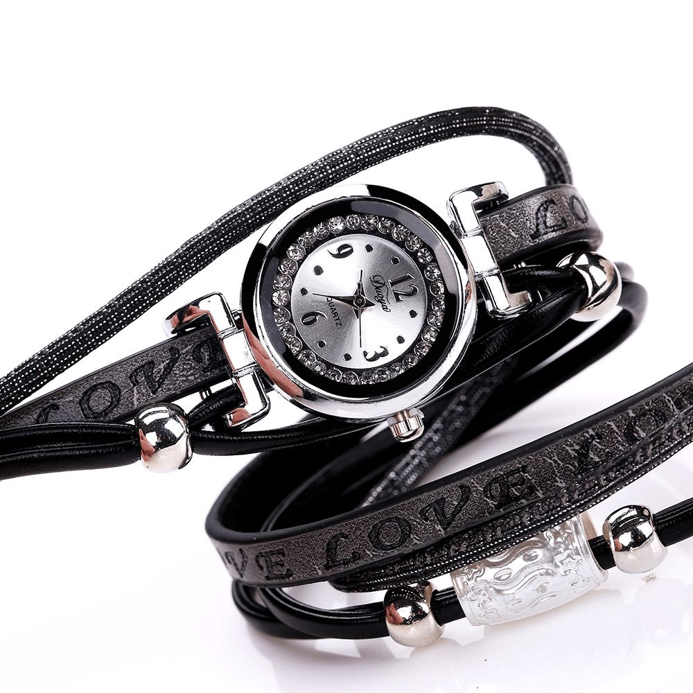 Mode Luxe Strass Pu Lederen Dames Quartz Horloge Armband Horloge