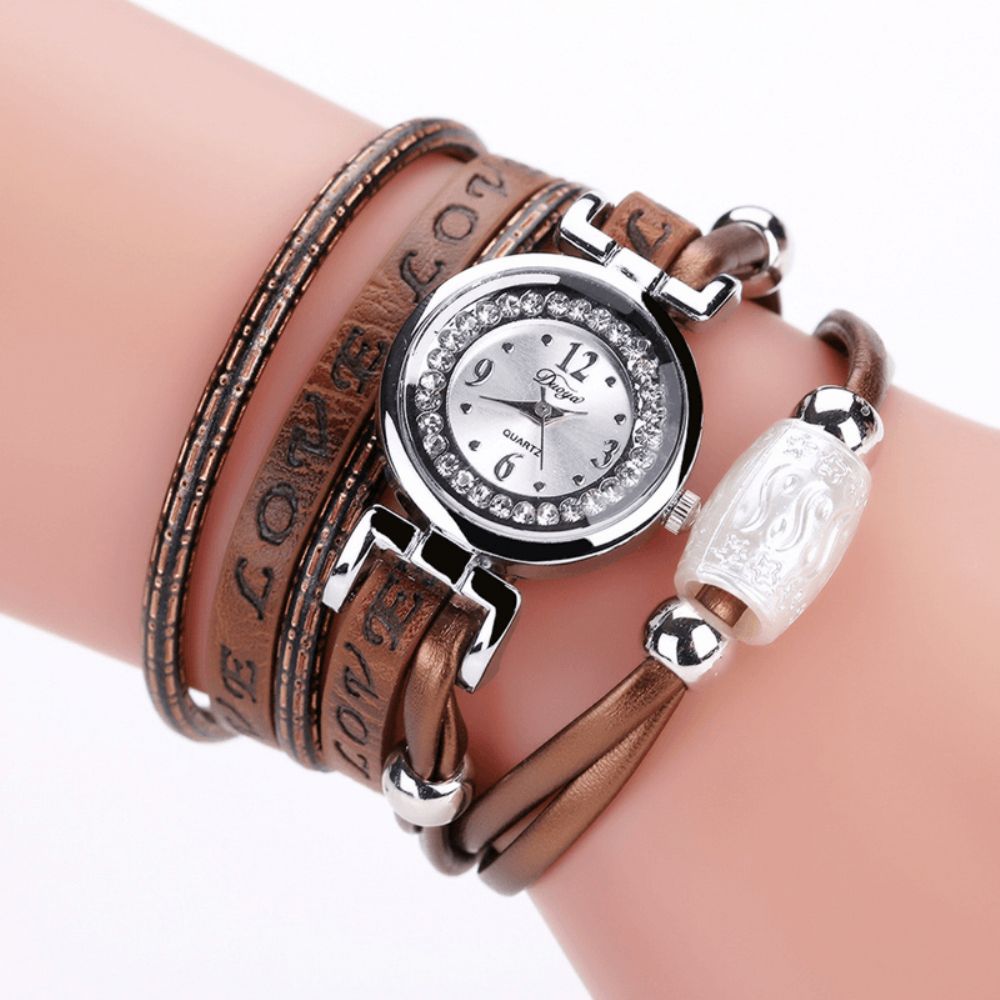 Mode Luxe Strass Pu Lederen Dames Quartz Horloge Armband Horloge