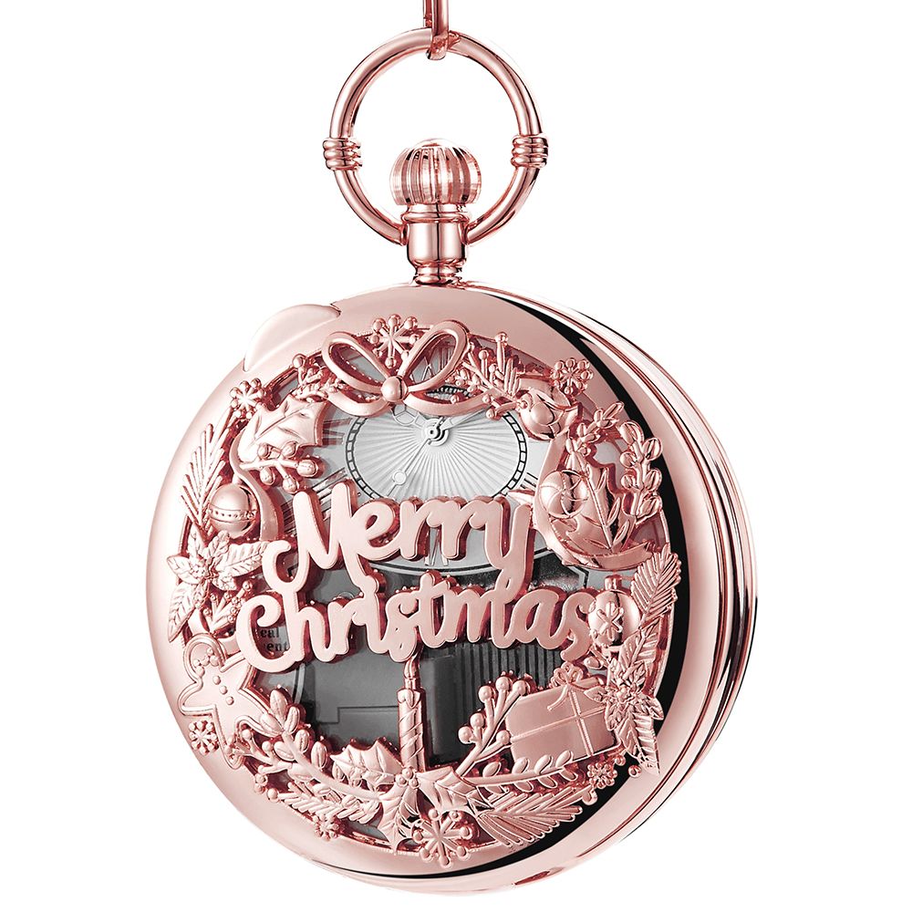 Mode Merry Christmas Woord Muziekdoos Muziekspeler Zakhorloge Metalen Vintage Quartz Horloge