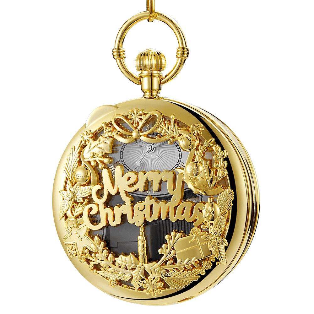 Mode Merry Christmas Woord Muziekdoos Muziekspeler Zakhorloge Metalen Vintage Quartz Horloge