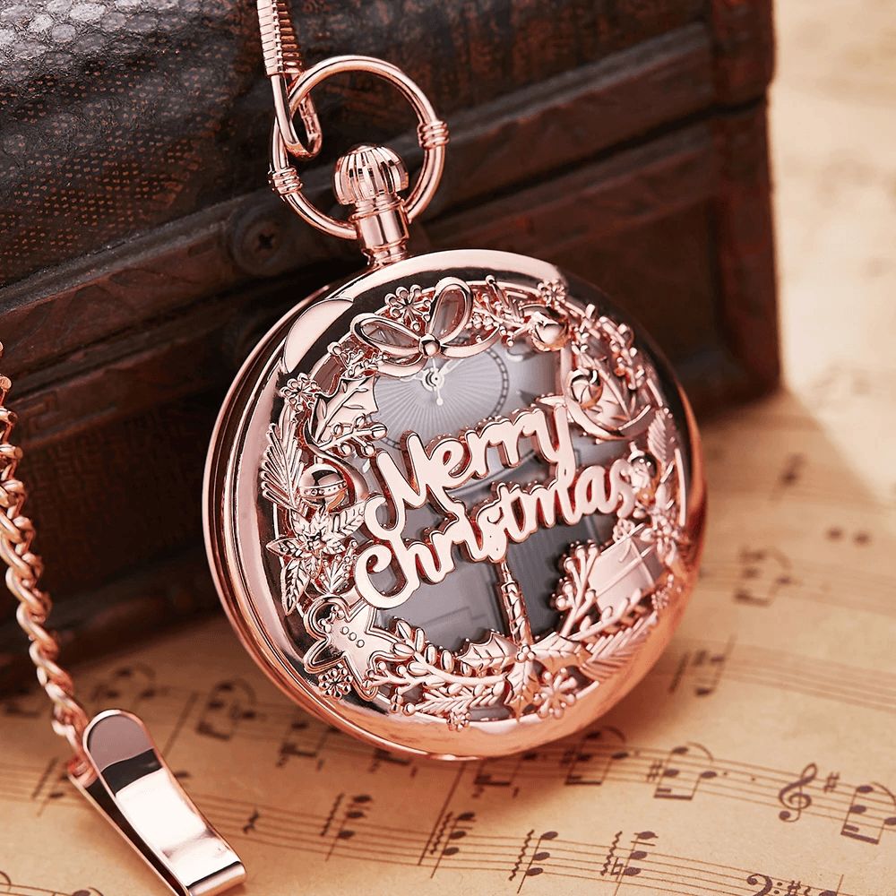 Mode Merry Christmas Woord Muziekdoos Muziekspeler Zakhorloge Metalen Vintage Quartz Horloge