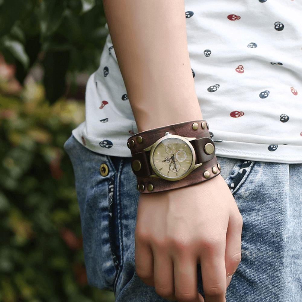 Mode Punk Vintage Lederen Heren Quartz Horloge Armband Horloge