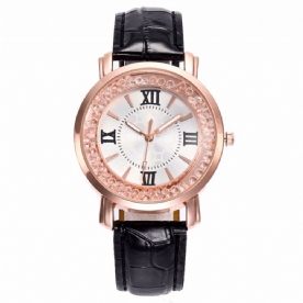 Mode Rose Gold Vloeiende Kristallen Romeinse Cijfers Dames Jurk Armband Lederen Dames Quartz Horloge