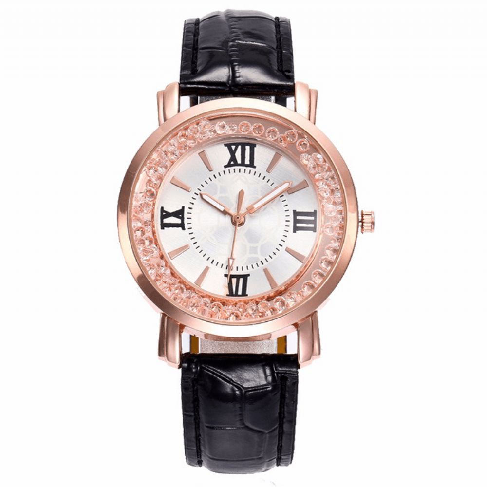 Mode Rose Gold Vloeiende Kristallen Romeinse Cijfers Dames Jurk Armband Lederen Dames Quartz Horloge