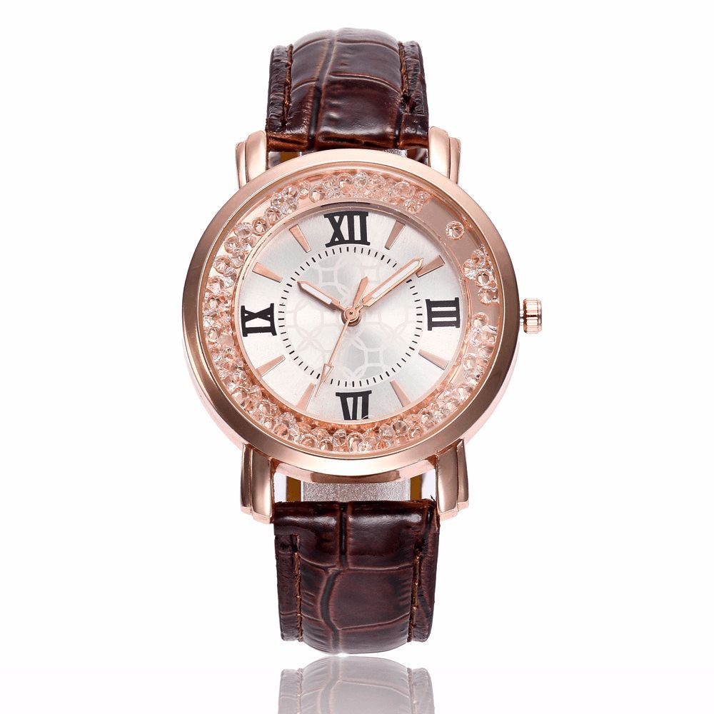 Mode Rose Gold Vloeiende Kristallen Romeinse Cijfers Dames Jurk Armband Lederen Dames Quartz Horloge