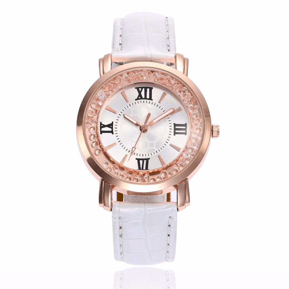 Mode Rose Gold Vloeiende Kristallen Romeinse Cijfers Dames Jurk Armband Lederen Dames Quartz Horloge