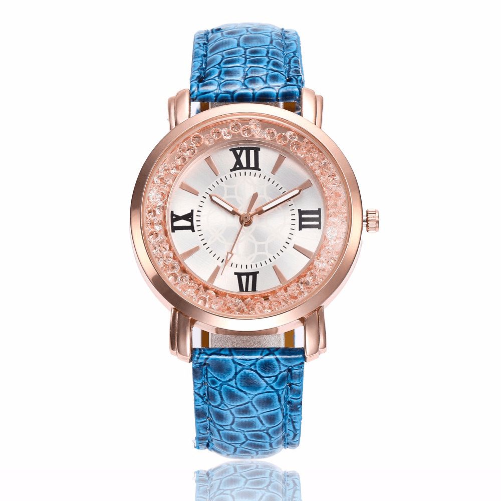 Mode Rose Gold Vloeiende Kristallen Romeinse Cijfers Dames Jurk Armband Lederen Dames Quartz Horloge