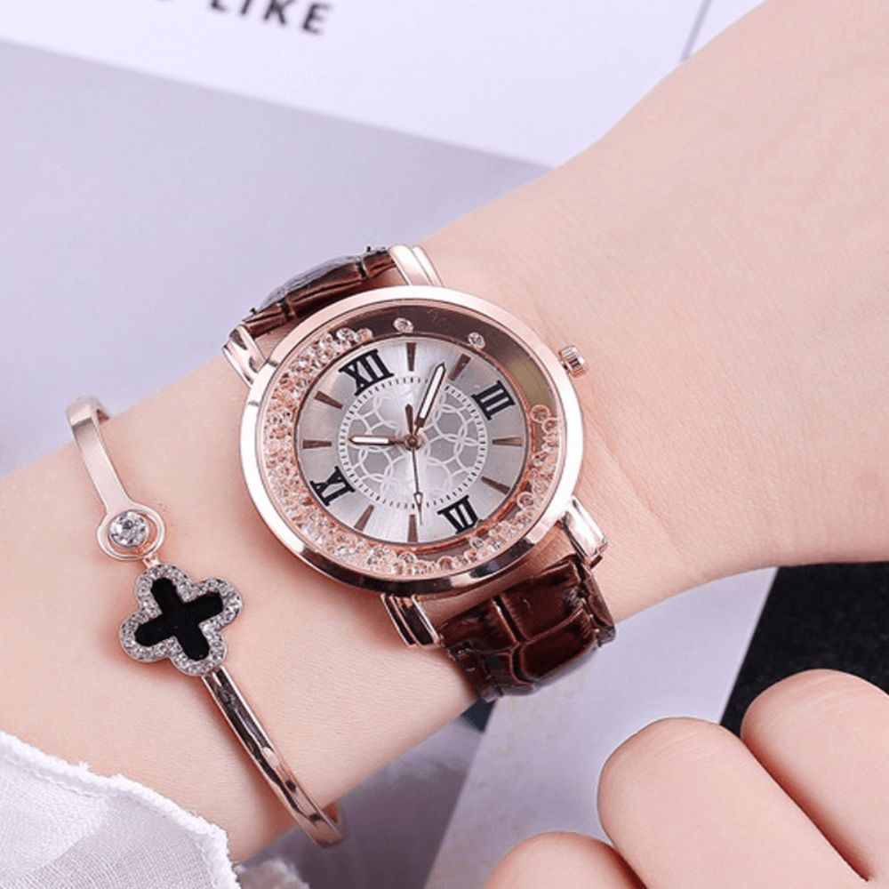 Mode Rose Gold Vloeiende Kristallen Romeinse Cijfers Dames Jurk Armband Lederen Dames Quartz Horloge