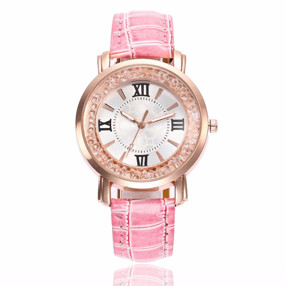 Mode Rose Gold Vloeiende Kristallen Romeinse Cijfers Dames Jurk Armband Lederen Dames Quartz Horloge