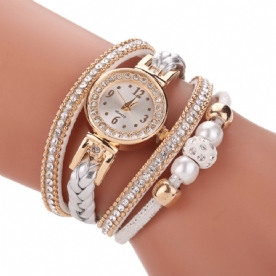 Mode Style Dames Parel Gevlochten Legering Dames Polshorloge Laides Jurk Quartz Horloge Armband: