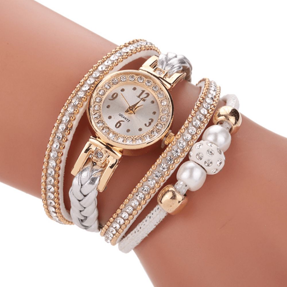 Mode Style Dames Parel Gevlochten Legering Dames Polshorloge Laides Jurk Quartz Horloge Armband: