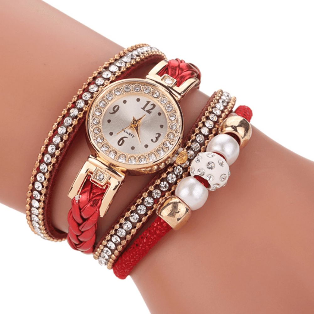 Mode Style Dames Parel Gevlochten Legering Dames Polshorloge Laides Jurk Quartz Horloge Armband: