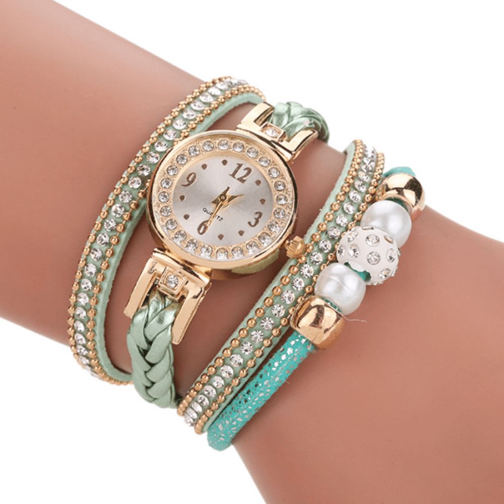 Mode Style Dames Parel Gevlochten Legering Dames Polshorloge Laides Jurk Quartz Horloge Armband: