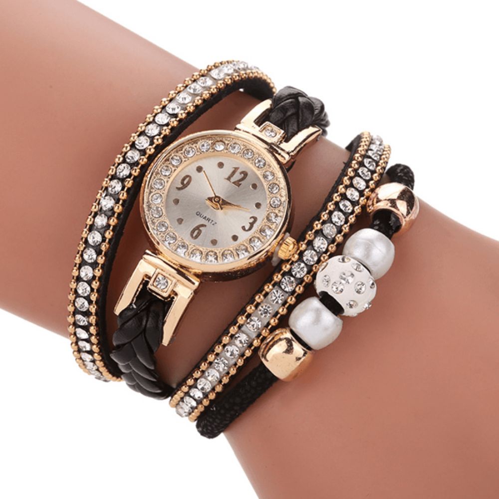 Mode Style Dames Parel Gevlochten Legering Dames Polshorloge Laides Jurk Quartz Horloge Armband: