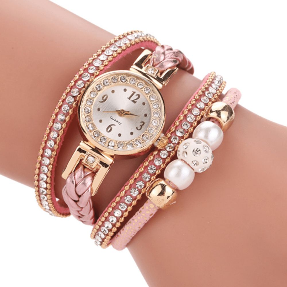 Mode Style Dames Parel Gevlochten Legering Dames Polshorloge Laides Jurk Quartz Horloge Armband: