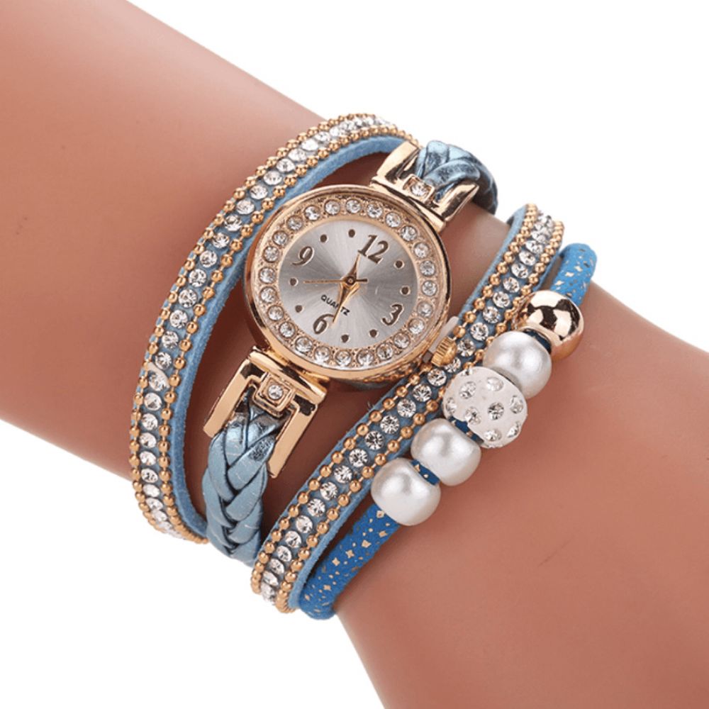 Mode Style Dames Parel Gevlochten Legering Dames Polshorloge Laides Jurk Quartz Horloge Armband: