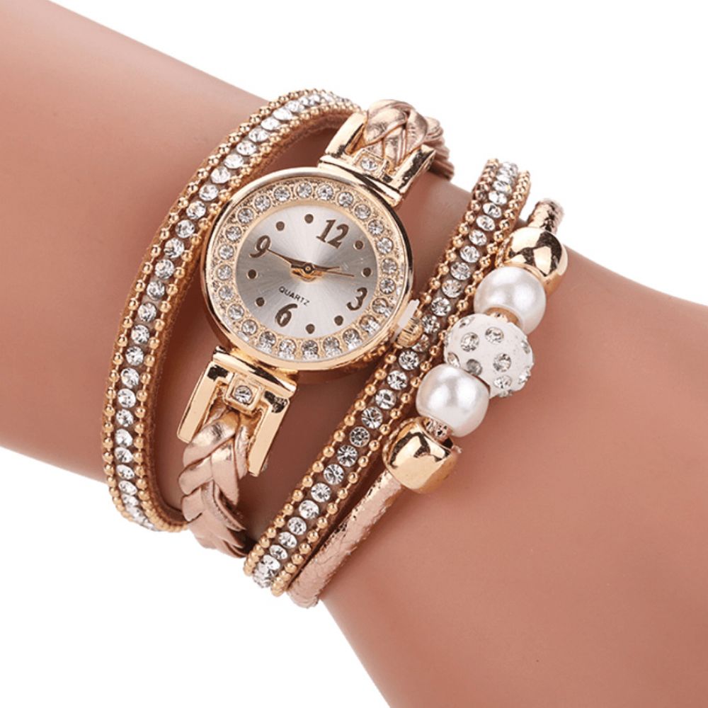 Mode Style Dames Parel Gevlochten Legering Dames Polshorloge Laides Jurk Quartz Horloge Armband: